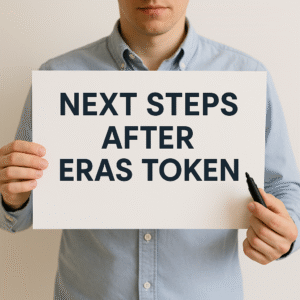 A person wearing a light blue button-down shirt holds a white placard with bold text that reads "NEXT STEPS AFTER ERAS TOKEN" while holding a black marker in the other hand.
