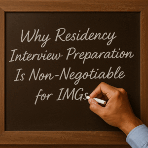 A person with medium skin tone writes the phrase "Why Residency Interview Preparation is Non-Negotiable for IMGs" in cursive on a black chalkboard using white chalk. The scene captures only the arm and hand, framed by a wooden border and lit with soft, natural light.