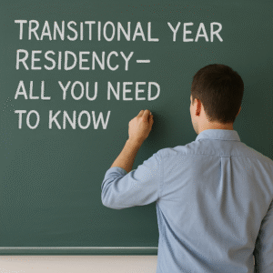 A man with light skin, wearing a light blue button-up shirt, is seen from behind as he writes "Transitional Year Residency – All You Need to Know" on a green chalkboard in bold white letters.