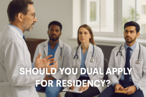 A medical mentor in a white coat speaks to a diverse group of three residency applicants seated in front of him. The applicants, also dressed in white coats with stethoscopes, listen attentively in a bright, professional setting. Bold white text on the image reads: “Should You Dual Apply for Residency?”