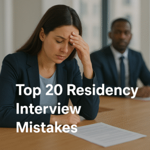 A medical graduate in a navy blazer sits at a table looking stressed during a residency interview, with blurred interviewers in the background. White overlay text reads “Top 20 Residency Interview Mistakes